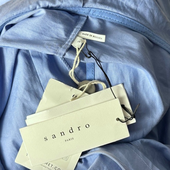 NWT SANDRO Cotton Poplin Sleeveless One Shoulder Ruffle Trim Faux Wrap Dress L - Picture 7 of 9